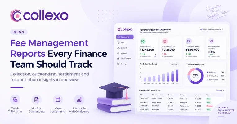 Fee management reports dashboard showing collections, outstanding fees, settlements and reconciliation