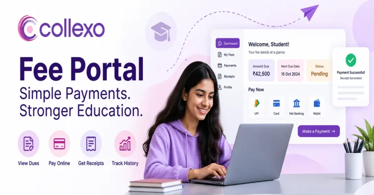 Fee portal for students to view dues, pay fees, access receipts and track payment history
